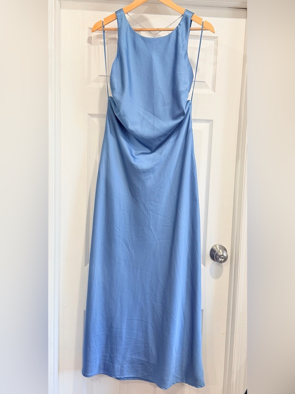 Sincerely Jules Satin Cowl Neck Maxi Dress in Dusty Blue - Picture 2 of 8